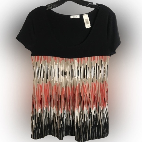 Liz Co Geometric Black Orange Beige Short Sleeve Top Size M - Picture 9 of 9
